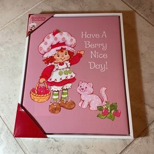 Vintage Pink Strawberry Shortcake Wall art with her cat, Custard, 11 x 14, 1980s